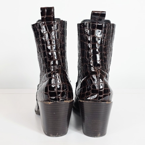 Aqua Dark Brown Patent Leather Crocodile Embossed Ankle Bootie Women's Size 8M - Picture 5 of 14